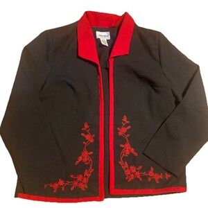 Anthony Richards Sz 14 Black Blouse, Red Lining, Embroidered Floral Vintage EUC